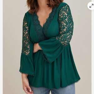 Torrid Green Babydoll Crinkle Gauze Lace Detail Top 00X
